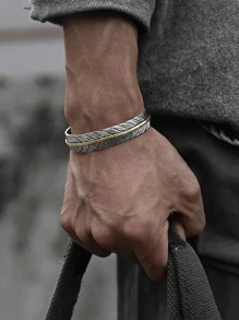 1pc Stainless Steel Feather Bangle, Adjustable Cuff Bracelet For Men, Daily Wear - Silver - View 1