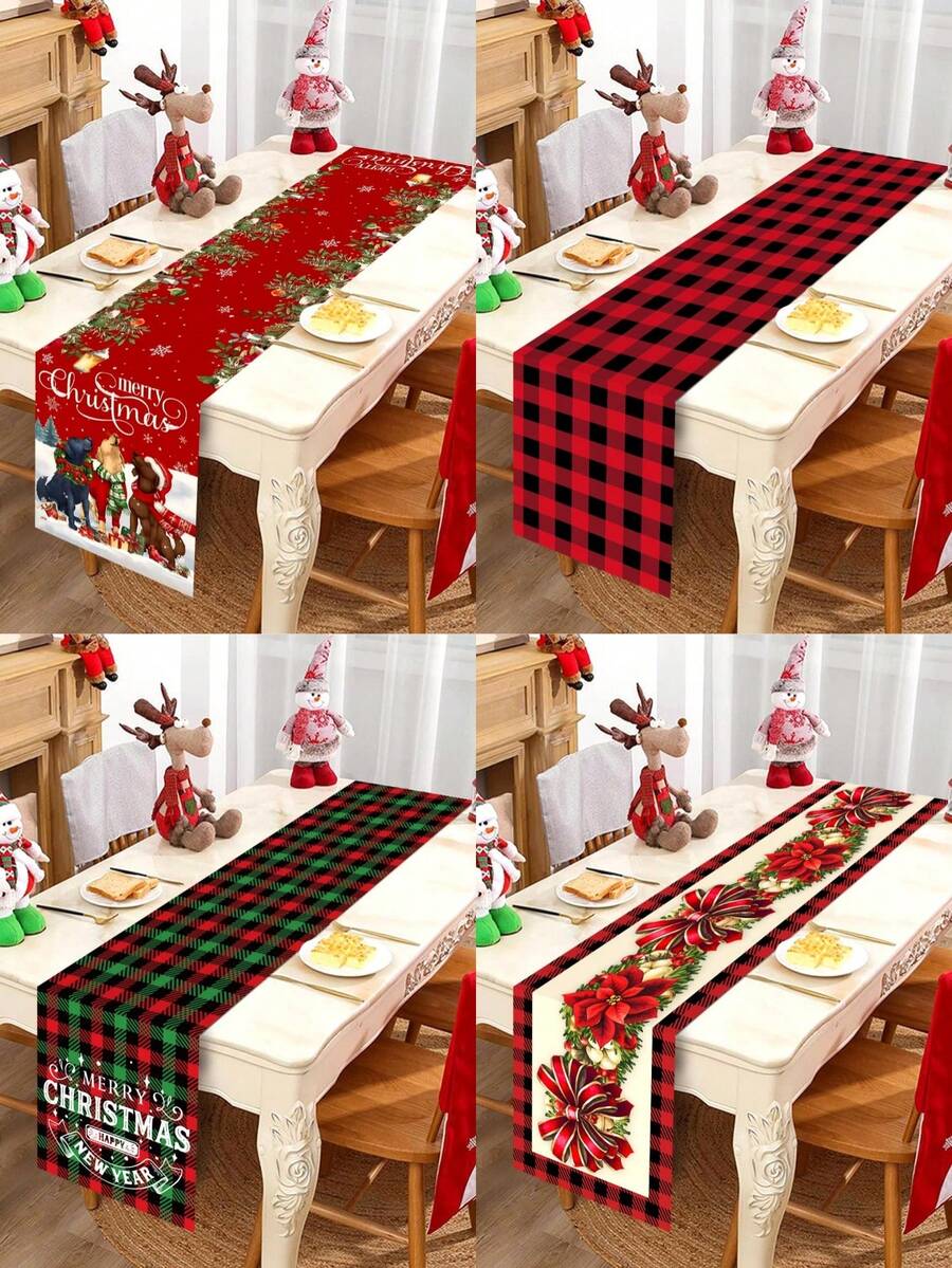 1pc Christmas Theme Table Runner, Christmas Red Green Plaid Red Golden Bells And Black Red Plaid Pattern, Merry Christmas, Suitable For Christmas Party Decoration, Living Room Wall Decor - Multicolor - View 1
