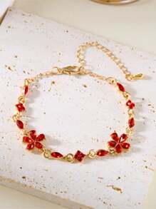 1pc Stainless Steel 18K Plated Floral Rhinestone Pendant Bracelet, Luxury Women's Accessory Suitable For Party, Date, Work - Yellow Gold - View 13