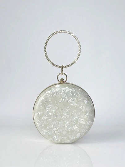 2024 New Premium Rhinestone Decorated Acrylic Moon Penny Design Round Handle Clutch, Dark Gothic Style, For Halloween, Party & Holiday