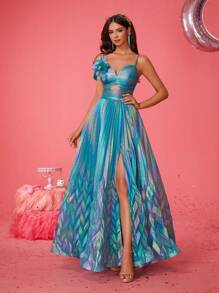 Smilprince 优雅派对渐变花朵 3D 装饰褶皱高开叉吊带背心连衣裙婚礼宾客礼服正式礼服晚礼服