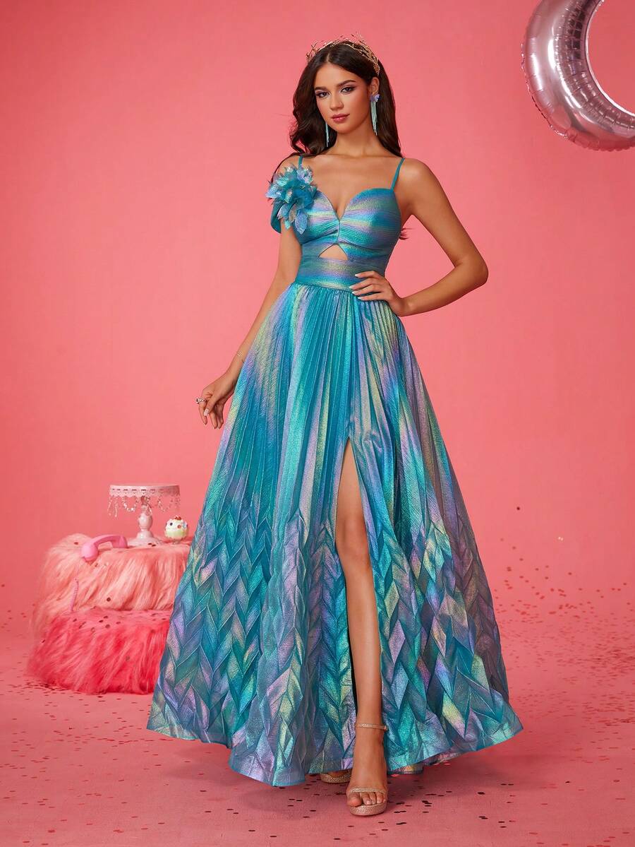 Smilprince 优雅派对渐变花朵 3D 装饰褶皱高开叉吊带背心连衣裙婚礼宾客礼服正式礼服晚礼服