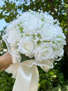 1朵新娘婚禮花束，象牙白新娘花束，人造花婚禮花束，帶絲帶伴娘花束，情人節，裝飾珍珠蕾絲網玫瑰花束