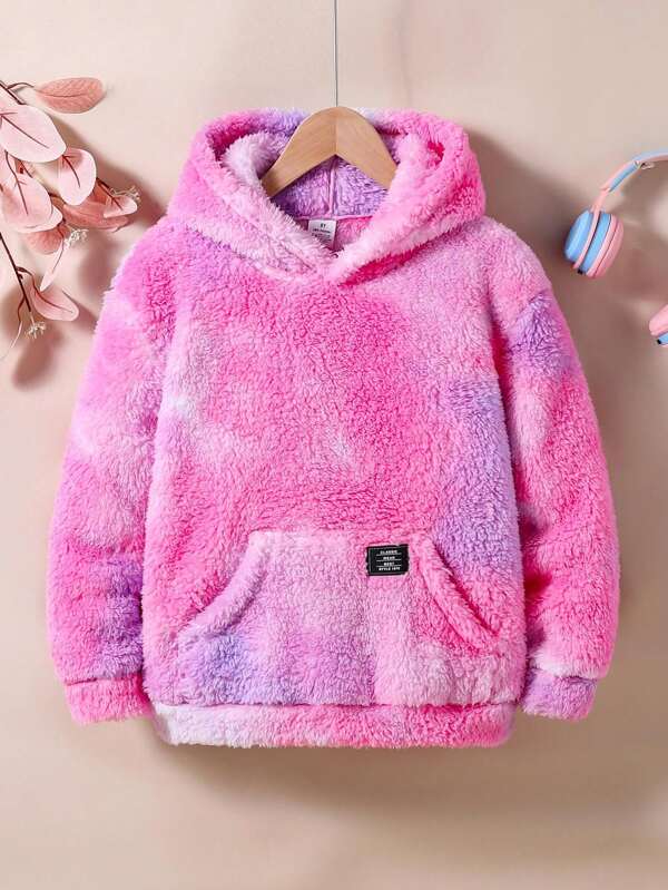 Tween Girls Fashionable Minimalist Pink Pouch Pocket Long Sleeve Sweatshirt Girls Sweet Casual Fuzzy Tie-Dye Hooded Sweatshirt