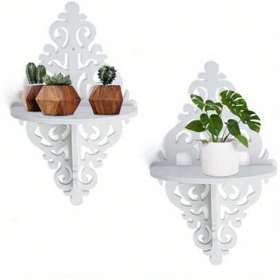2Pcs Floating Shelves Corner Shelf Wall Mounted Carved White Corner Filigree Shelves Floating For Living Room Bedroom Kitchen Office