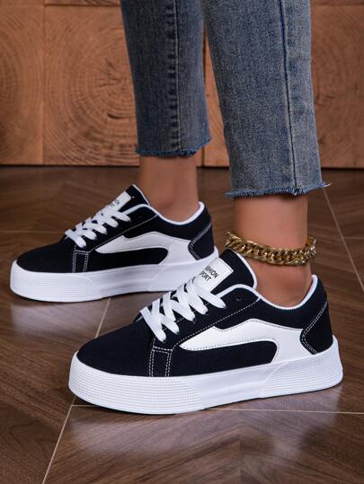 秋冬时尚系带低帮运动鞋 - 女士轻便舒适休闲运动鞋 - 时尚色块设计