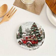 SET Of 6 Christmas Truck Themed Wooden Coasters For Drinks, Tea & Coffee Mug Mats With Vintage Red Truck Design, Perfect For Home & Restaurant Decor, Holiday Gift Essentials, Christmas Party Decor,Home Decor,Kitchen Decor