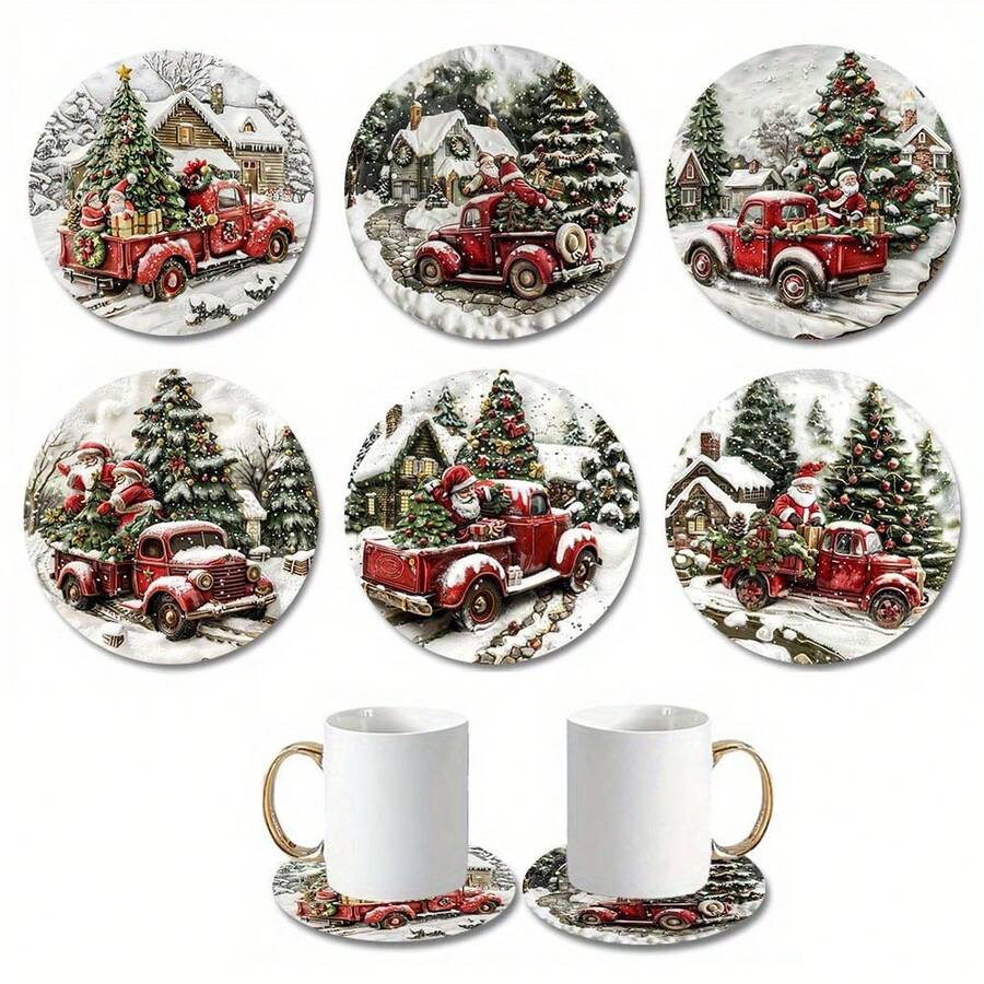 SET Of 6 Christmas Truck Themed Wooden Coasters For Drinks, Tea & Coffee Mug Mats With Vintage Red Truck Design, Perfect For Home & Restaurant Decor, Holiday Gift Essentials, Christmas Party Decor,Home Decor,Kitchen Decor