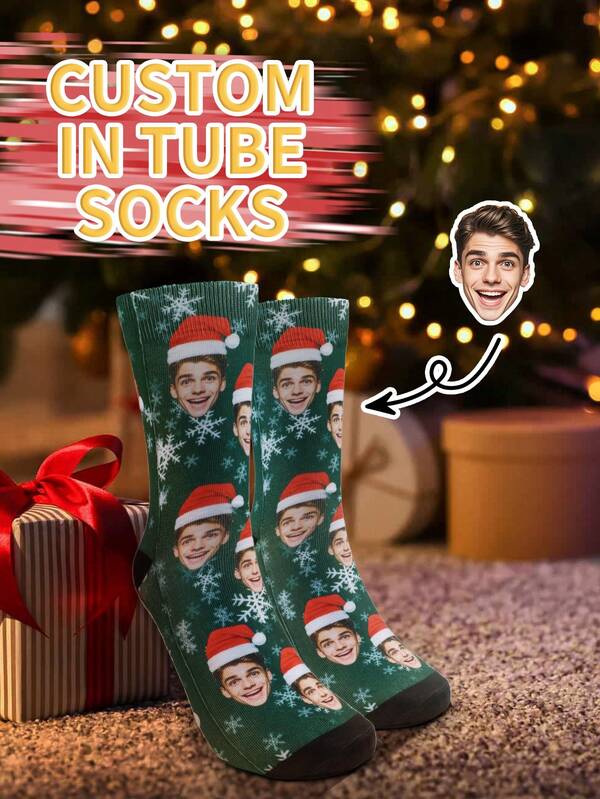 1 Par de Calcetines medianos personalizados con impresión facial navideña, calcetines para parejas de hombres y mujeres, personalizados con foto, calcetines de pareja divertidos, cómodos y transpirables, diseño de dibujos animados creativos, perfectos para fiestas, cumpleaños, regalos del Día de San Valentín, divertidos, locos, anime, calcetines largos multicolor
