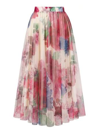 大码女式双层网眼裙，花卉印花，松紧腰带，带衬里