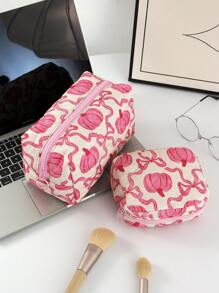 1个粉色花朵绗缝化妆包，万圣节，休闲时尚便携化妆包，多功能，简约，大容量钱包，化妆包，大开口拉链设计，可存放珠宝，骷髅，南瓜，卫生巾，蜘蛛，零钱，钥匙，耳机，耳塞，耳绳等配饰，可爱化妆包，旅行收纳包，适合女士和女孩 - 粉色 - 查看 1