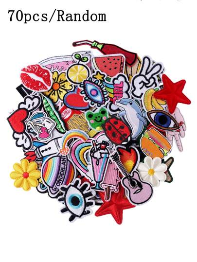70pcs/Pack Random Embroidery Patches, Suitable For DIY Clothes And Accessories - Hats, Jeans, Dresses With Unique Cute Cartoon Embroidered Stickers