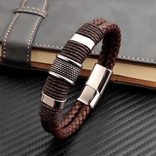1PC Luxury Vintage Multilayer Brown PU Leather Men Bracelet Stone Bead Bracelet Stainless Steel Jewelry Male Wrist Bangle Gift