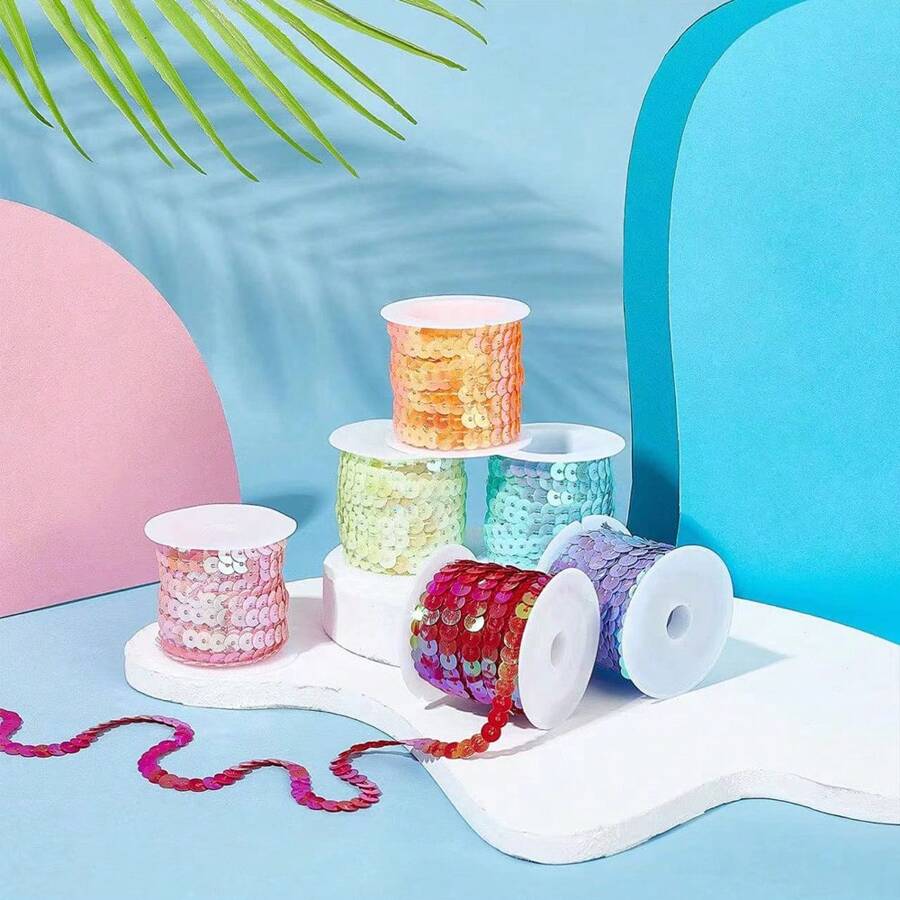 5Yard/Spool Shiny AB Flat Sequins 6mm Handmade DIY Decorative Ribbon Metallic Glitter Sewing String For Mermaid Crafts, Christmas & Halloween Costume Accessories (Spool Only) - Multicolor - View 1