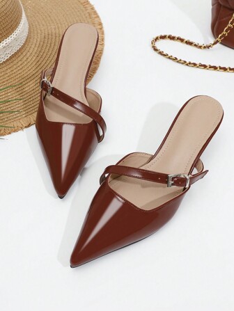 Women's Fashion Wide Version Kitten Heel Pointed Toe Closed-Toe Backless Slip-On Sexy Night Club Mule Sandals, Black, Medium Heel