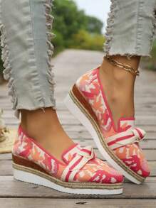 Women's Plus Size Bowknot Patchwork Platform Slip-On Casual Elegant Pointed Toe Shoes, Sweet Style