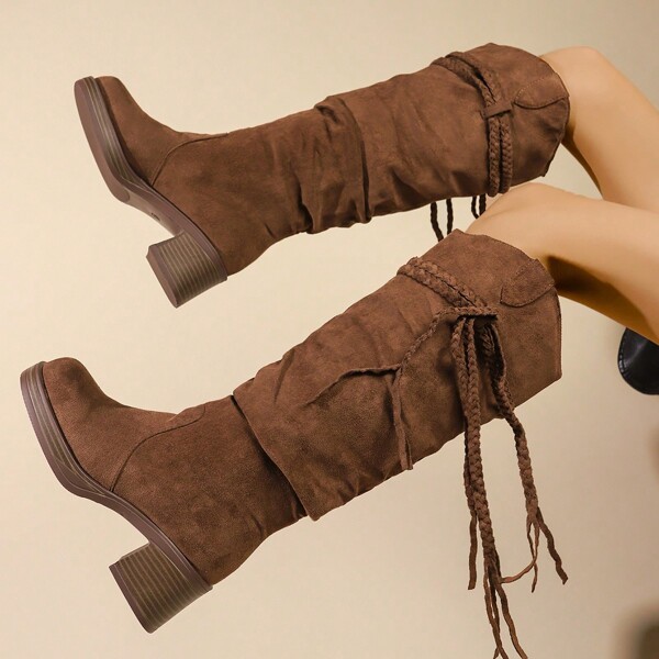 Botas de franjas vintage marrom, botas altas de montaria retrô desgastadas, botas de cano médio da British Academy para mulheres, outono inverno