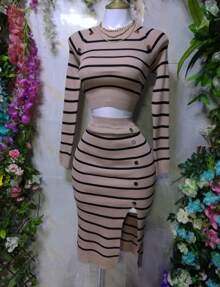 Conjunto Rayado Tela Vizcosa Crop y Falda con Abertura MOD. MAU - Camel - Ver 1