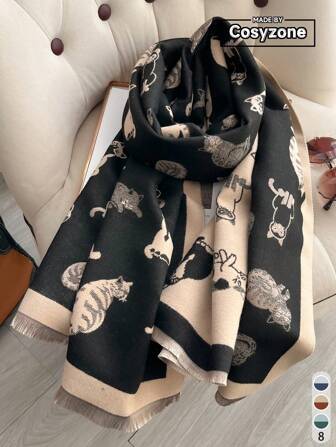 1 pieza Bufanda cálida con estampado de gato de imitación de cachemira de estilo jacquard, accesorio de moda para mujer en otoño e invierno
