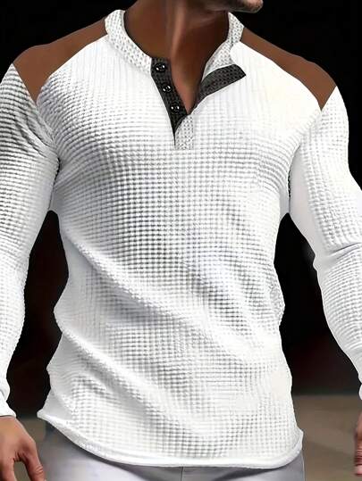 Men's Front Button Waffle Knit Patchwork Contrast Color Henley T-Shirt, Casual Outdoor, Fall, Long Sleeve Top