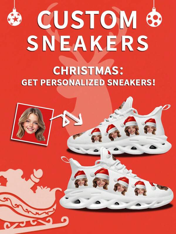 1 par de zapatillas personalizadas de Navidad, zapatillas de correr con foto de gorro de Navidad personalizado, zapatillas de cuchilla de Santa personalizado, zapatillas de correr de Santa personalizado de baja altura, zapatillas con foto personalizada, zapatillas de correr personalizadas para mujer y hombre, zapatos deportivos y casuales personalizados, regalo de Navidad para mamá/papá/ella/él/novia/novio/esposa/esposo/amigo