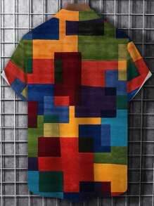 Camicia casual con abbottonatura classica e maniche corte, stampa digitale 3D geometrica vintage a blocchi di colore, per uomo, taglie comode