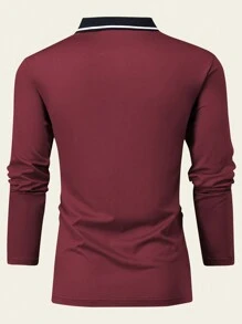 男士时尚骑士与赛马印花休闲长袖 Polo 衫，复古简约运动轻便商务 T 恤，适合日常穿着，春秋跑步上衣，秋季 - 酒紅色 - 查看 2