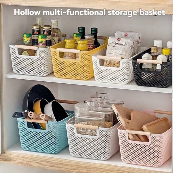 1 Pc Cesta de armazenamento multifuncional oca, caixa de armazenamento de mesa com duas alças de madeira, cesta de armazenamento oca para banheiro,