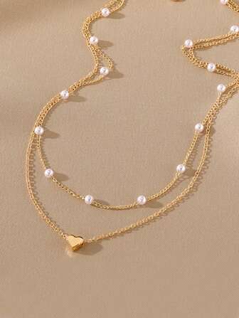 2 件心形珍珠吊坠项链套装，适合日常佩戴和派对，礼物