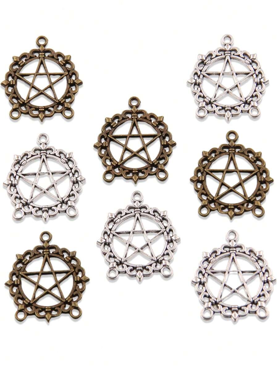 10pcs/Pack 24*27mm Alloy DIY Jewelry Accessories, Hollow Round Pentagram Multi-Hole Connector, Fashionable Holiday Gift