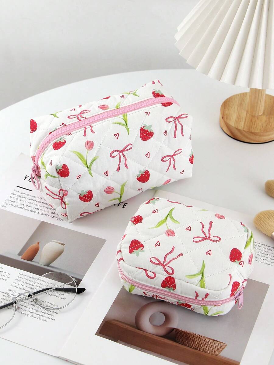 Portabel 草莓美学可爱光泽化妆包绗缝花卉卫生包心形和蝴蝶结月经包配粉色格子衬里可爱化妆包绗缝女士化妆包，化妆包珠宝收纳包绗缝花卉化妆包带钱包袋美学物品旅行必需品口红刷收纳袋化妆包化妆品收纳盒化妆品收纳 - 彩色 - 查看 1