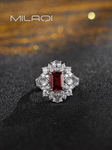 1 chiếc nhẫn bạc Sterling 925 đính đá quý tự nhiên - Garnet, Topaz, Olivine, đính toàn bộ Cubic Zirconia, mạ vàng 18K, quà tặng cao cấp cho phụ nữ, thích hợp cho các bữa tiệc và lễ hội - Đỏ - Xem 5