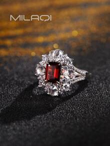 1 chiếc nhẫn bạc Sterling 925 đính đá quý tự nhiên - Garnet, Topaz, Olivine, đính toàn bộ Cubic Zirconia, mạ vàng 18K, quà tặng cao cấp cho phụ nữ, thích hợp cho các bữa tiệc và lễ hội - Đỏ - Xem 4