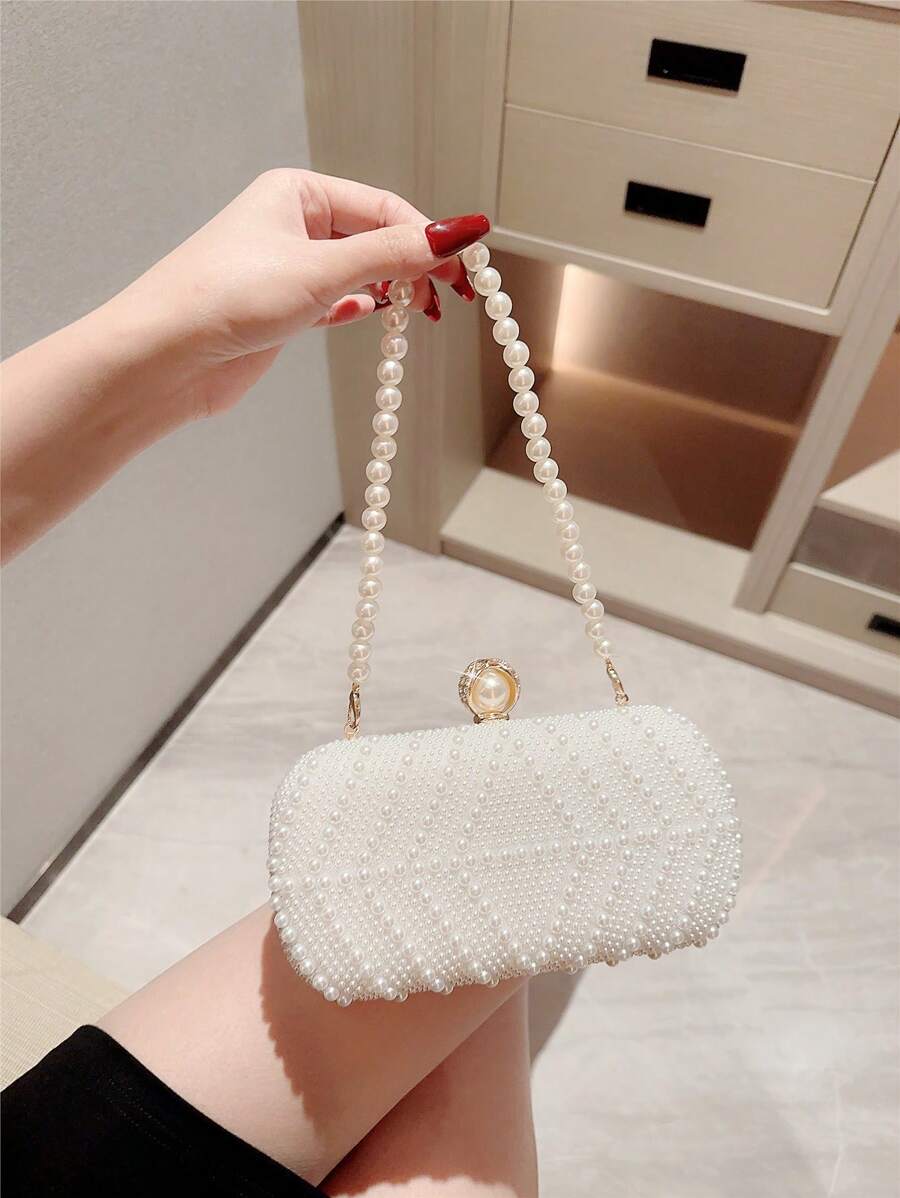 1 chiếc túi xách dạ hội hình ngọc trai giả thanh lịch, túi cầm tay dự tiệc trang trọng, túi cầm tay cô dâu đám cưới lãng mạn, túi xách trang trí váy dạ hội đính đá lấp lánh sang trọng, túi cầm tay dự tiệc cho phụ nữ