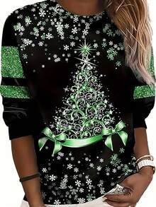 Plus Size Fashionable Printed Casual Crew Neck Long Sleeve Sweatshirt - Green - View 1