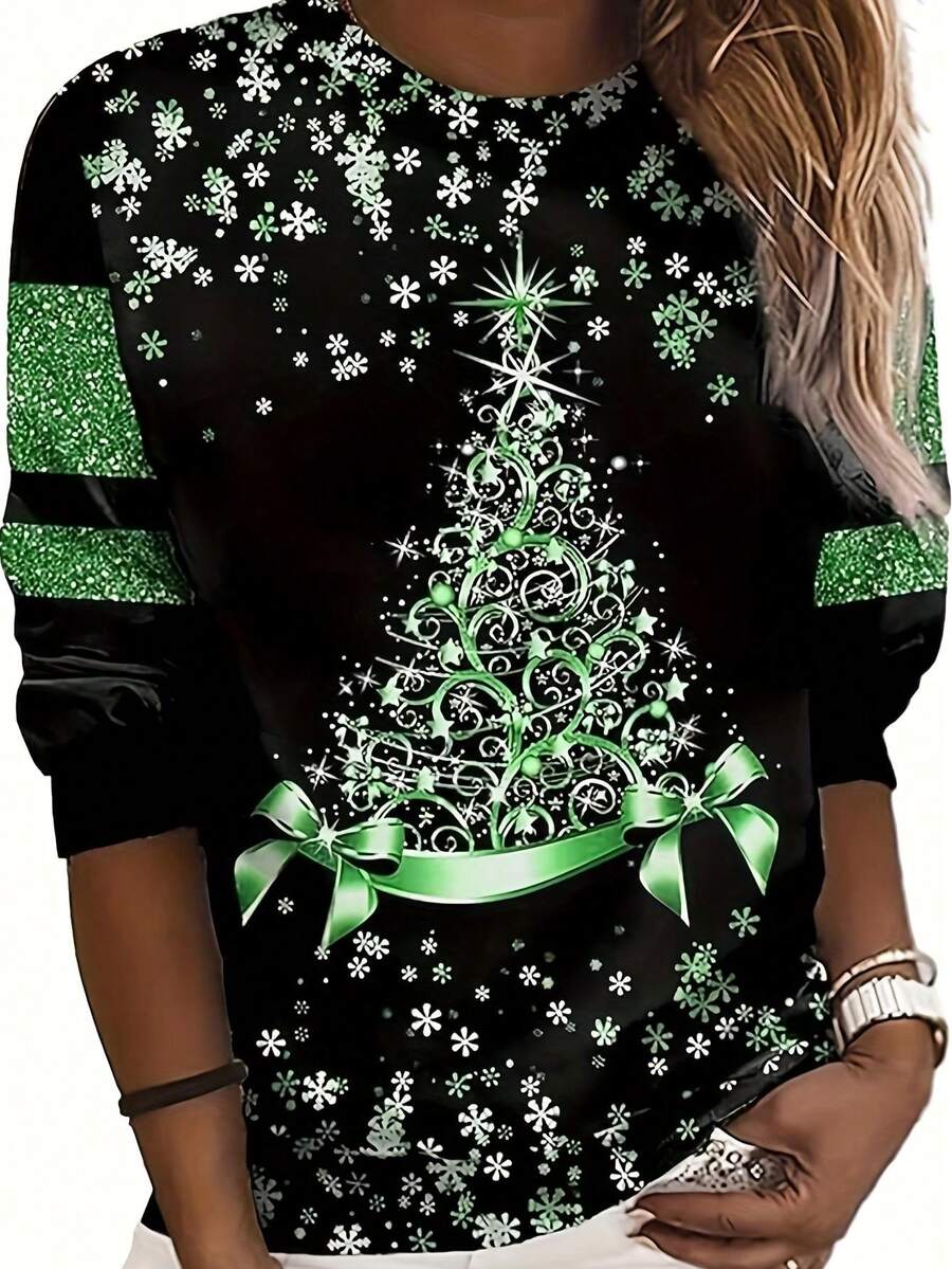 Plus Size Fashionable Printed Casual Crew Neck Long Sleeve Sweatshirt - Green - View 1