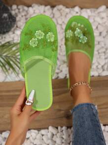 Women's Breathable Mesh Plastic 3D Floral Decor Lightweight EVA Sole Casual Beach Holiday Home Flat Sandals, Multiple Colors Available - Green - View 1