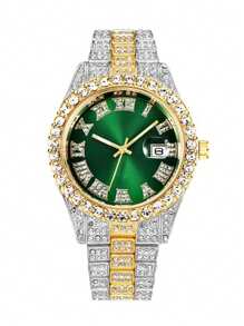 1 件男士个性化嘻哈风格罗马数字水钻石英腕表 - 彩色 - 查看 15