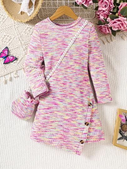 Young Girls Rainbow Color Knit Dress With Pouch Long Sleeve, Soft And Comfortable, Ages 4-7, Autumn Winter New Arrival