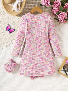 Young Girls Rainbow Color Knit Dress With Pouch Long Sleeve, Soft And Comfortable, Ages 4-7, Autumn Winter New Arrival