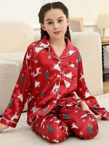 青少年女孩圣诞两件套缎面驯鹿云杉印花中性丝绸翻领长袖衬衫和裤子睡衣套装适合所有季节 - 紅色 - 查看 5
