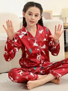 青少年女孩圣诞两件套缎面驯鹿云杉印花中性丝绸翻领长袖衬衫和裤子睡衣套装适合所有季节 - 紅色 - 查看 1