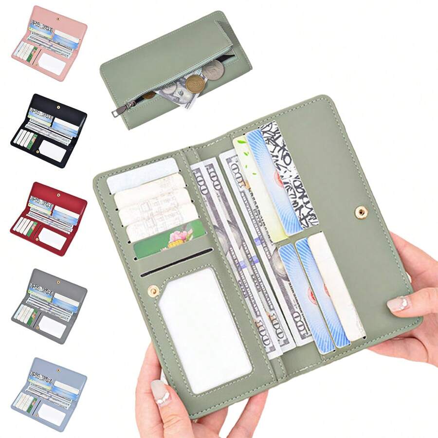 A Long Wallet, RFID Anti-Theft Brush, Solid Color PU Credit Card Bag, Women's Wallet, Long Wallet, Suitable For Both Men And Women, Reusable Cash Carrying Bag, Suitable For Daily Use, Perfect For Gift Giving, Buckle Closure, Credit Card ID Storage Bag - 彩色 - 查看 1