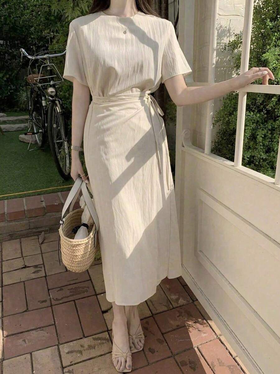 素色打結圍裹式洋裝 - 杏色 - 查看 1