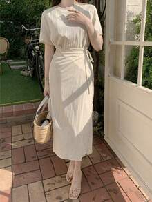 素色打結圍裹式洋裝 - 杏色 - 查看 2