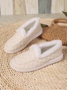 Thermal Lined Slip-On Loafers For Women, Flat Big Size Casual Shoes - Beige - View 1
