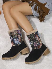Plus Size Women's Velvet Snow Boots, Thick Bottom Anti-Slip Waterproof Heeled Boots For Winter With Flower Patchwork