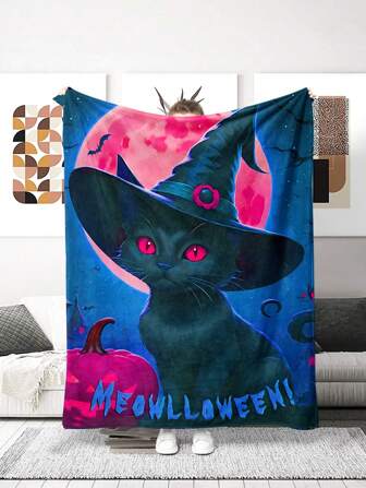 1pc Unique Halloween Cat Soft Flannel Blanket, Air Conditioning Quilt, Nap Blanket, Travel