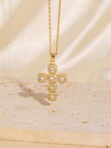 1pc Colar de cruz elegante e versátil, fé religiosa, zircônia cúbica, banhado a ouro, presente de aniversário para amigos