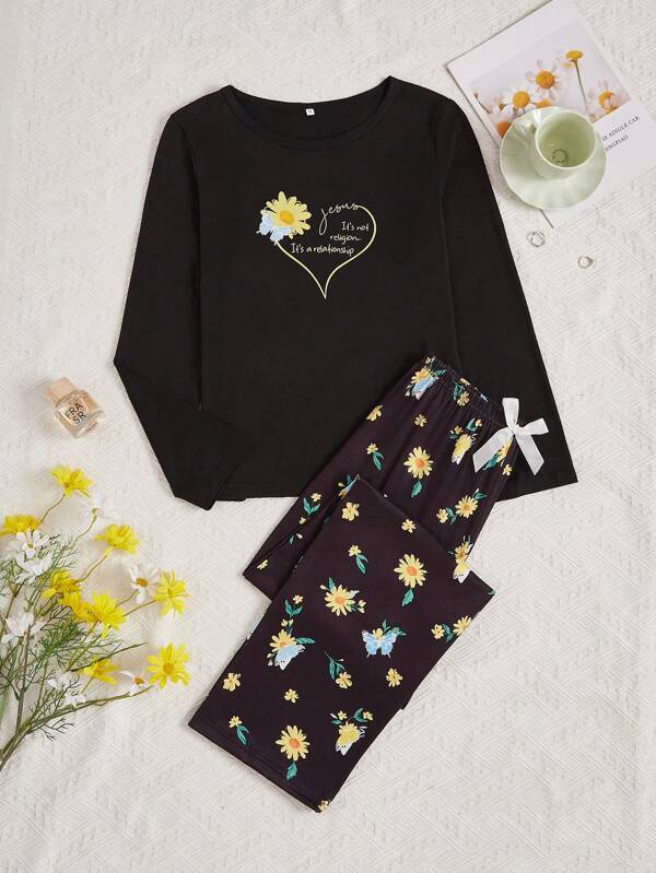 Conjunto de pijama feminino 2 peças: camisa de manga comprida com estampa de crisântemo e letras e calça estampada com laço na cintura